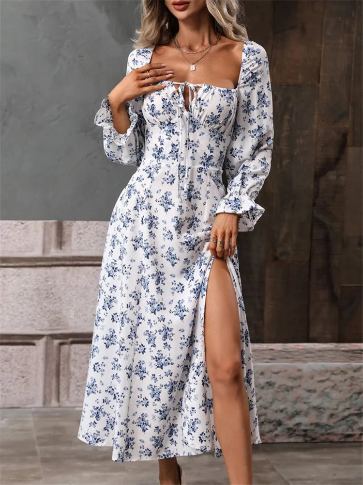 Printed Full Sleeve Backless Bohemian Dress (Women's Spring Summer Long Dresses)