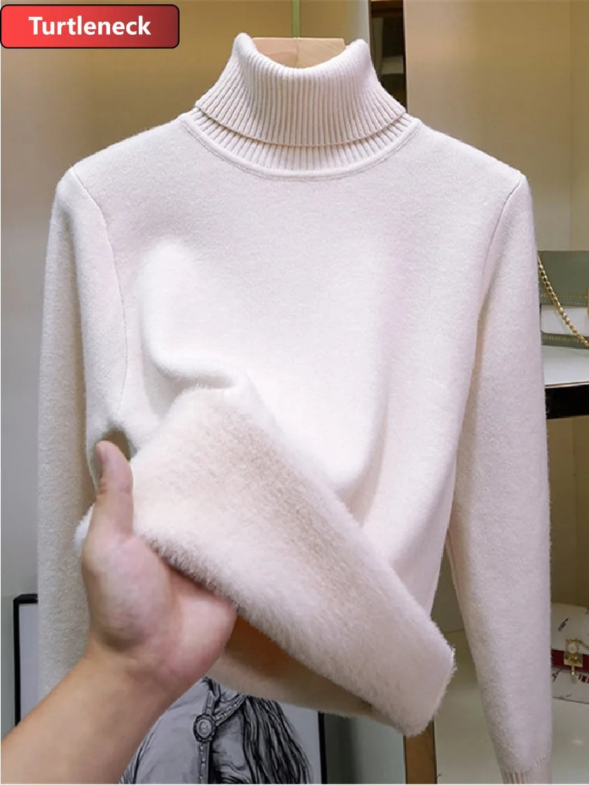 Thicken Velvet Turtleneck Sweater Women Korean Fashion Lined Warm Sueter Knitted Pullover Slim Top Winter Jersey Knitwear Jumper