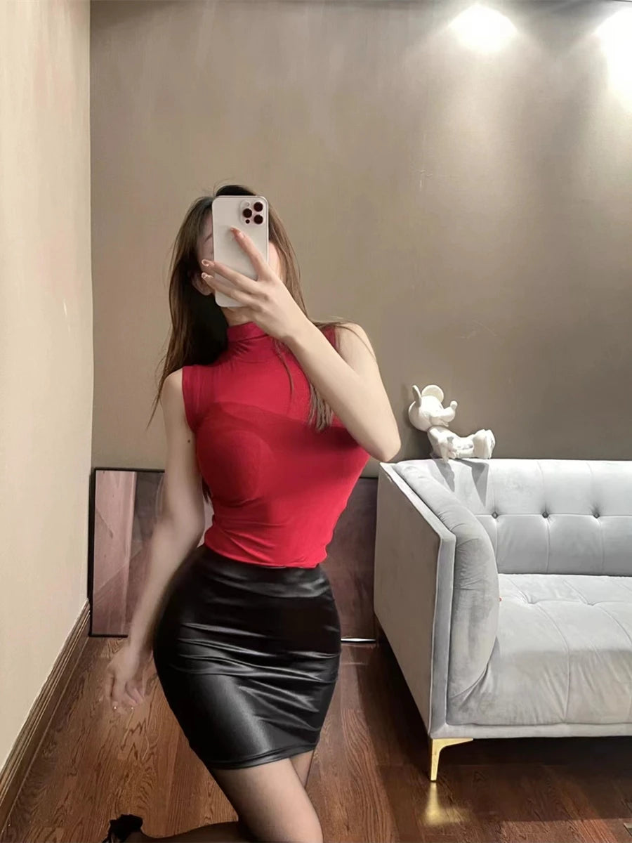 WOMENGAGA Leather Matte Slim Mini Sexy Fashion PU Hot Short High Waist Skirt Korean Nightclub Streetwear Wholesale Clothes 7ST