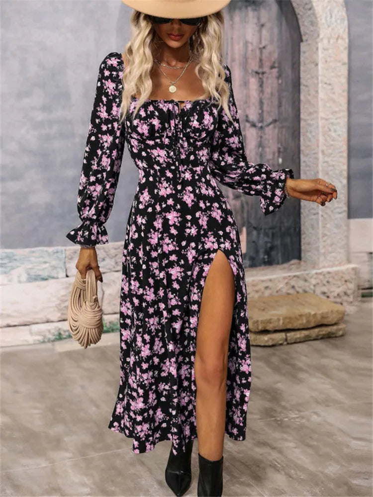 Printed Full Sleeve Backless Bohemian Dress (Women's Spring Summer Long Dresses)