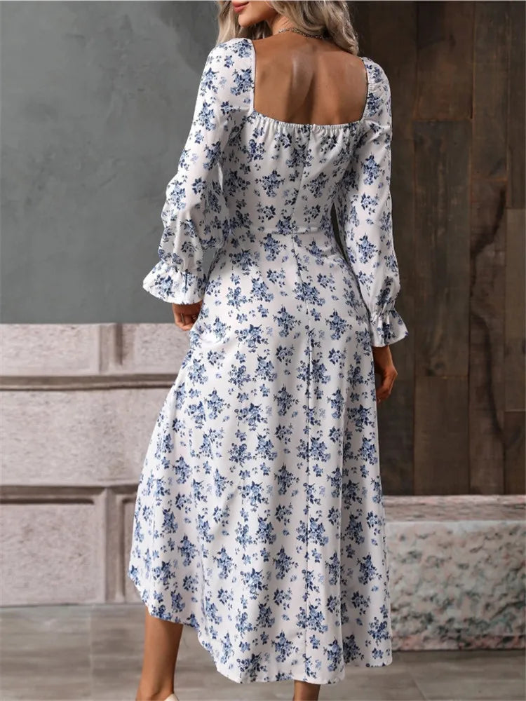 Printed Full Sleeve Backless Bohemian Dress (Women's Spring Summer Long Dresses)