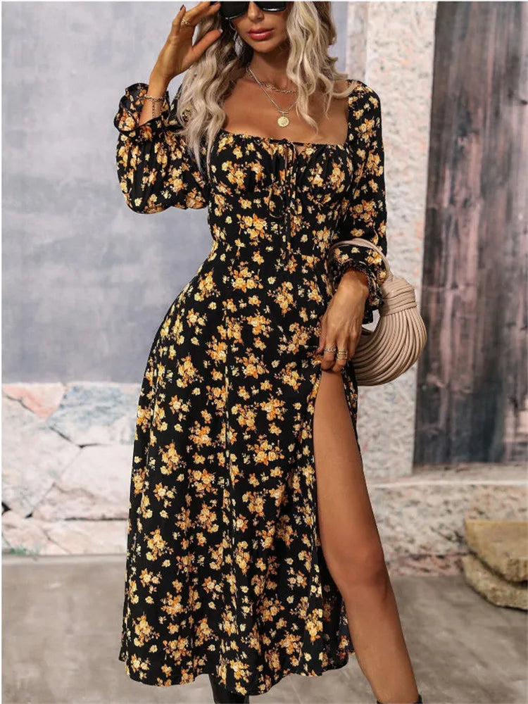 Printed Full Sleeve Backless Bohemian Dress (Women's Spring Summer Long Dresses)