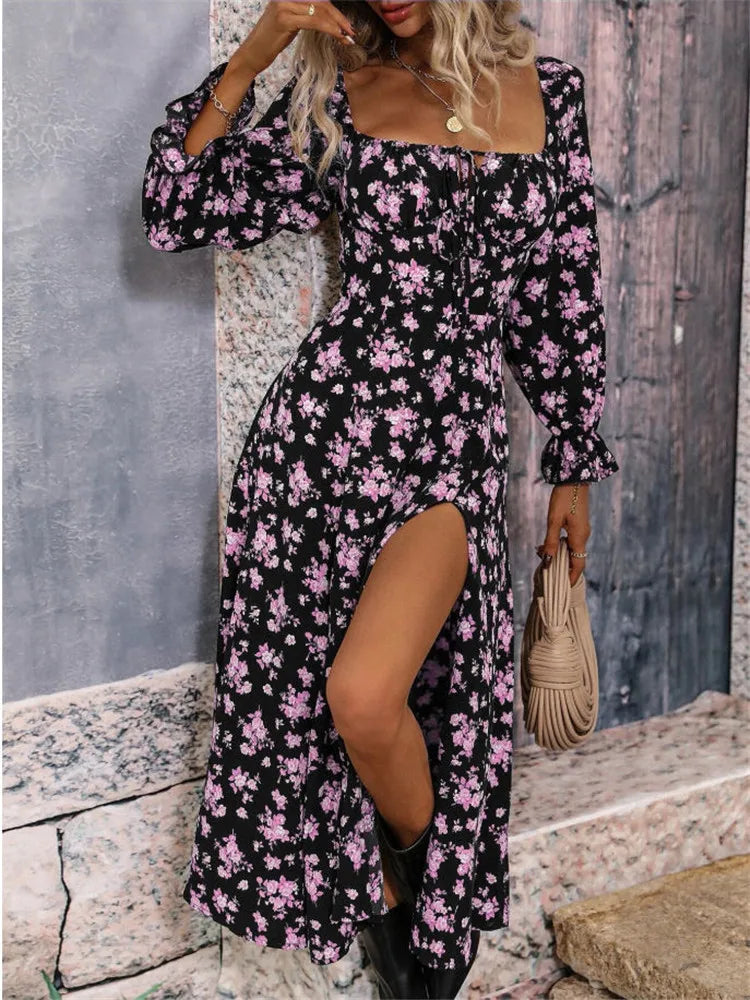 Printed Full Sleeve Backless Bohemian Dress (Women's Spring Summer Long Dresses)