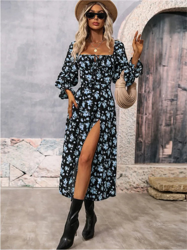 Printed Full Sleeve Backless Bohemian Dress (Women's Spring Summer Long Dresses)